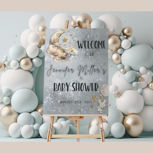 Over the Moon Baby Shower Willkommensschild Celestial Moon & Stars Willkommensschild Wir sind über dem Mond Thema, Poster, Schaumstoff, Leinwand oder digitale Datei