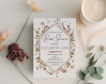 Wildflower Bridal Shower Invitations, Floral Boho Invites (Physical or Digital)