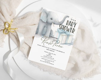 Elephant Baby Shower Invitation Digital Download or Custom Physical Printed Cards, Baby Boy Shower Invitation, Gender Neutral Baby Shower