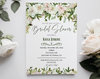 White Floral Bridal Shower Invitations, Custom Physical Prints or Digital Download, Garden Tea Party Bridal Shower Invites for Bride to Be