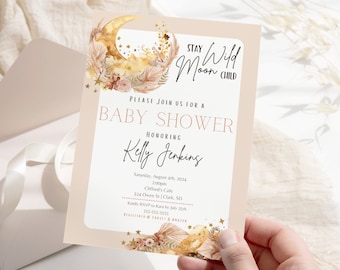Stay Wild Moon Child Baby Shower Invitation Custom Physical Printed Cards or Digital Download, Celestial Baby Shower Moon & Stars Boho Theme