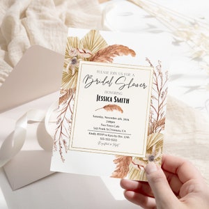 Boho Bridal Shower Invitations Custom Physical Printed Cards or Digital Download, Floral Pampas Boho Bridal Shower Invites for Bride to Be
