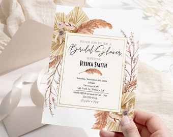 Boho Bridal Shower Invitations Custom Physical Printed Cards or Digital Download, Floral Pampas Boho Bridal Shower Invites for Bride to Be