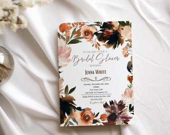 Fall Floral Bridal Shower Invitations Autumn Dark Flower Theme Physical Printed Cards or Digital Download, Bridal Shower Invites