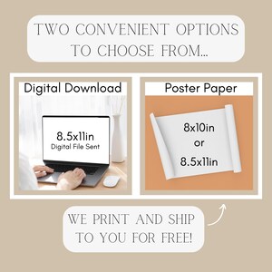 May include: Two options for purchasing a digital download or a printed poster. The digital download is 8.5x11 inches and the poster is available in 8x10 inches or 8.5x11 inches. The text says "We print and ship to you for free!"