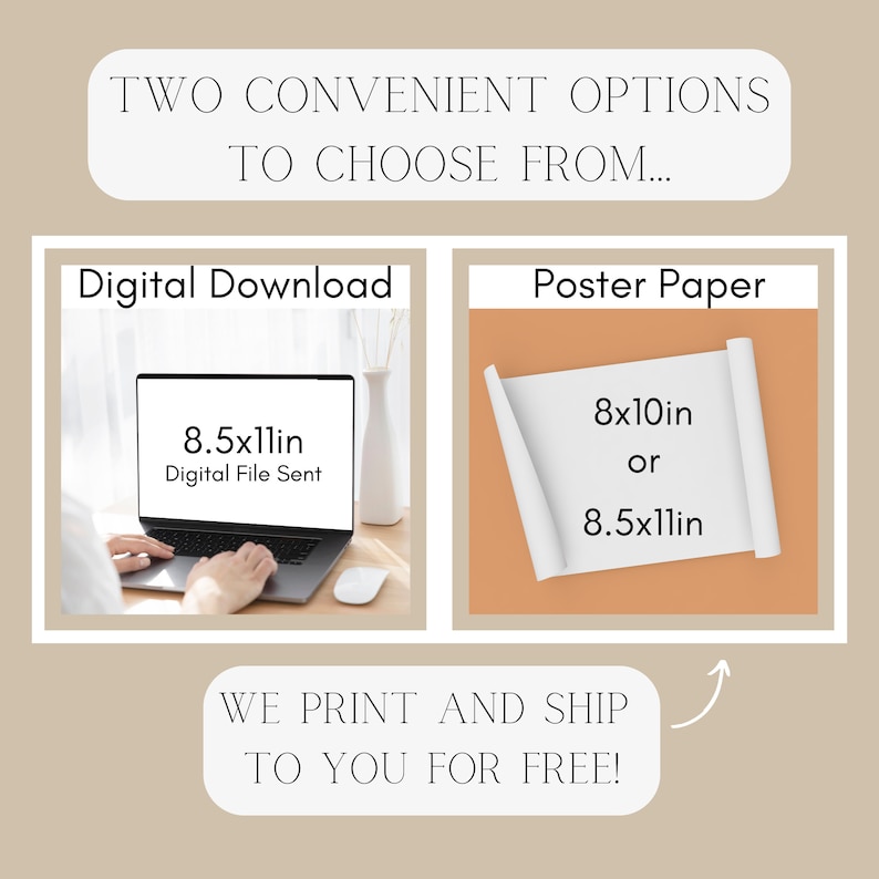 May include: Two options for purchasing a digital download or a printed poster. The digital download is 8.5x11 inches and the poster is available in 8x10 inches or 8.5x11 inches. The text says "We print and ship to you for free!"
