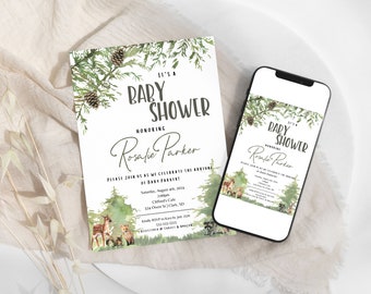 Woodland Baby Shower Invitation Digital Download or Custom Physical Printed Cards, Forest Animal Baby Shower Invites Woodland Theme