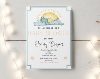 Here Comes The Son Baby Shower Invitations Custom Physical Printed Cards or Digital Download Invite for Sunshine Baby Shower Boy Theme