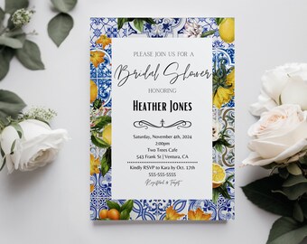 Amalfi Coast Bridal Shower Invitations, Lemon Citrus Floral Theme (Physical or Digital)