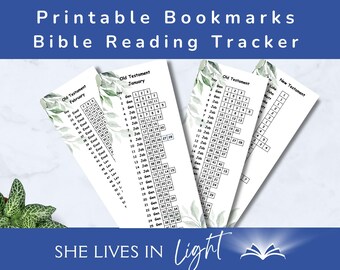 Peut inclure: Trois marque-pages imprimables avec un motif de feuille verte aquarelle. Chaque marque-page présente une grille pour suivre la lecture quotidienne de la Bible. Les marque-pages sont intitulés "Ancien Testament Janvier", "Ancien Testament Février" et "Nouveau Testament".
