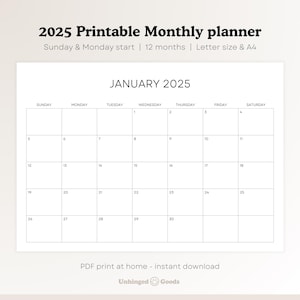 Calendario 2025 Imprimible Minimalista | Planificador Mensual 2025 | Formato A4 y Carta, Descarga Digital en PDF