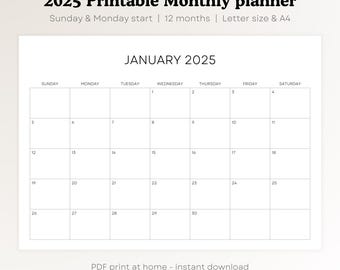 Printable Calendar 2025 | Monthly Planner, A4 & Letter Format, Minimalist Design, Digital PDF Download