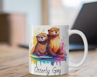 Otterly Gay Mug, funny mug with two cute otters snuggled up to each other, fun gift for a boyfriend or LGBT friend. Gay coffee cup