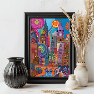 May include: A colorful illustration of the Philadelphia skyline, featuring iconic buildings like City Hall and the Liberty Bell. The artwork is done in a vibrant, abstract style with bold colors and geometric shapes.