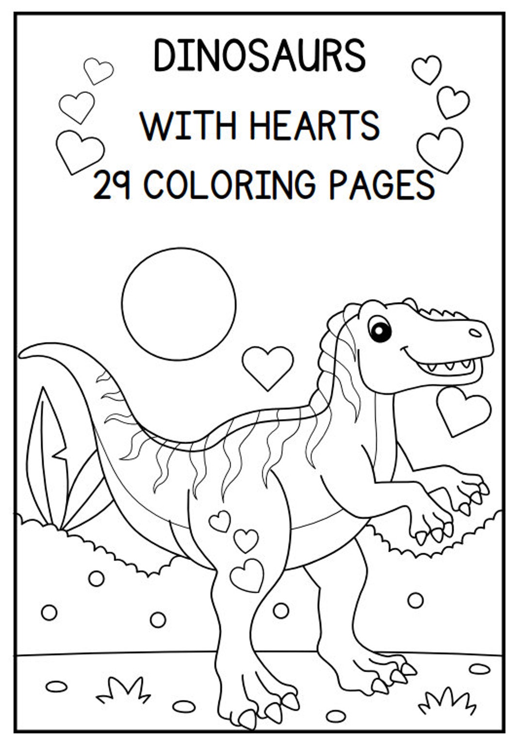 Dinosaur With Hearts Coloring Pages Valentine Etsy