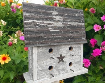 Primitive Reclaimed Barn Wood Birdhouse: Rustic Farmhouse Wren House, Indoor/Outdoor Decor