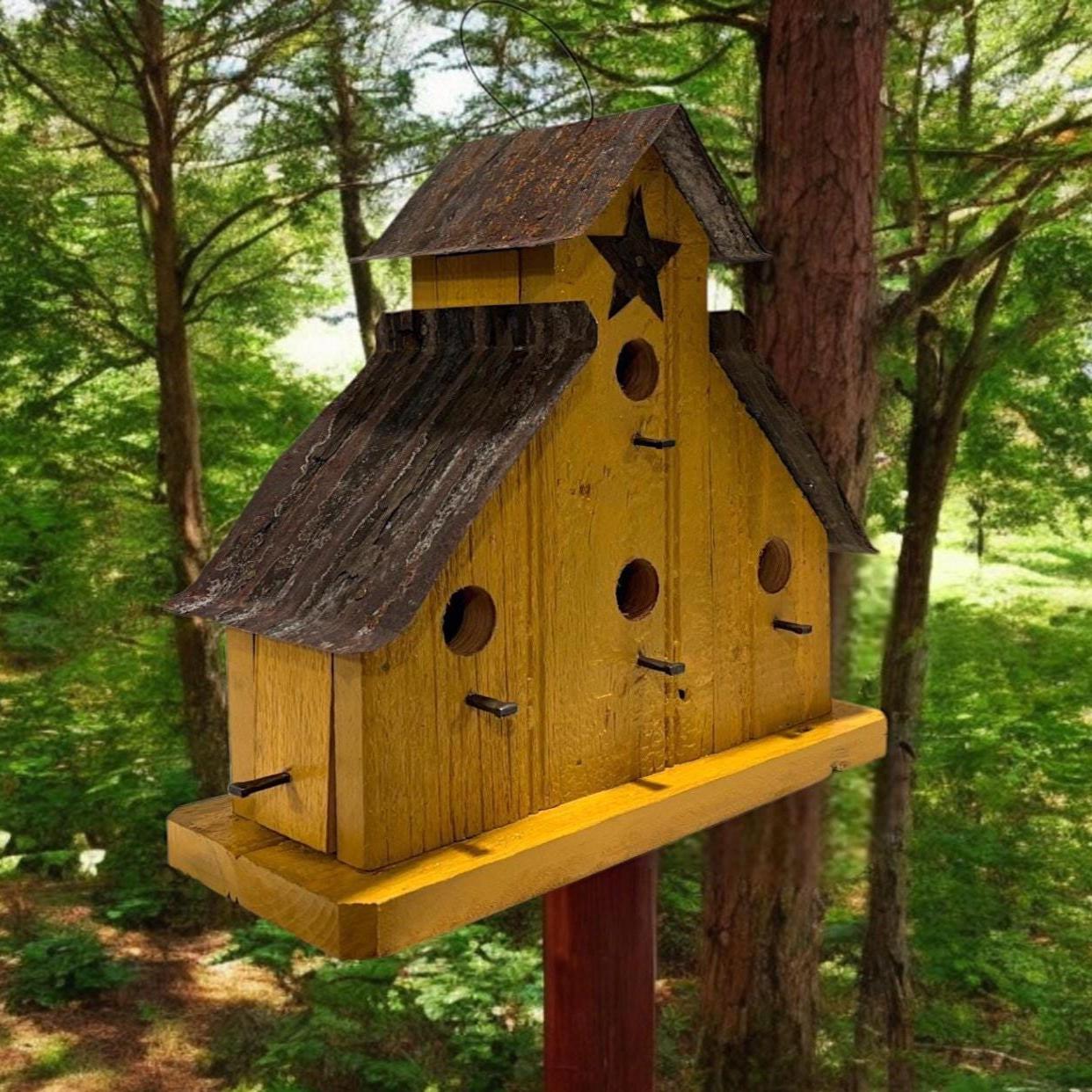 Handmade Rustic Yellow Barn Wood Birdhouse, 4-room Wren House ...