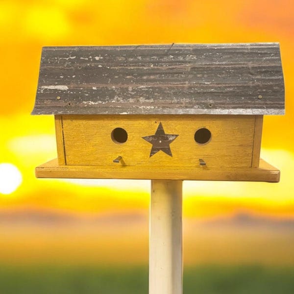 Rustic Yellow Wooden Birdhouse: Handmade Reclaimed Barn Wood Garden Decor