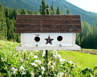 Handmade Rustic Birdhouse, Amish Handcrafted, Farmhouse Outdoor Decor, Indoor Birdhouse, White Decoratve Birdhouse