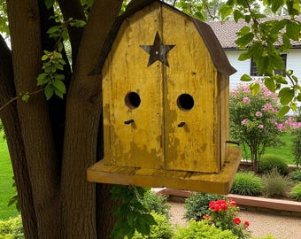 Yellow Rustic Barnwood Birdhouse: Handmade Cottagecore Outdoor/Indoor Decor