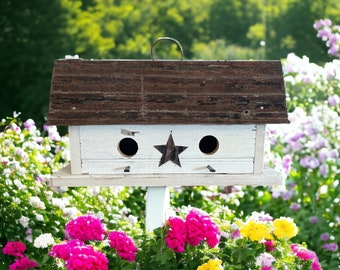 Handmade Rustic Birdhouse, Amish Handcrafted, Farmhouse Outdoor Decor, Indoor Birdhouse, White Decoratve Birdhouse