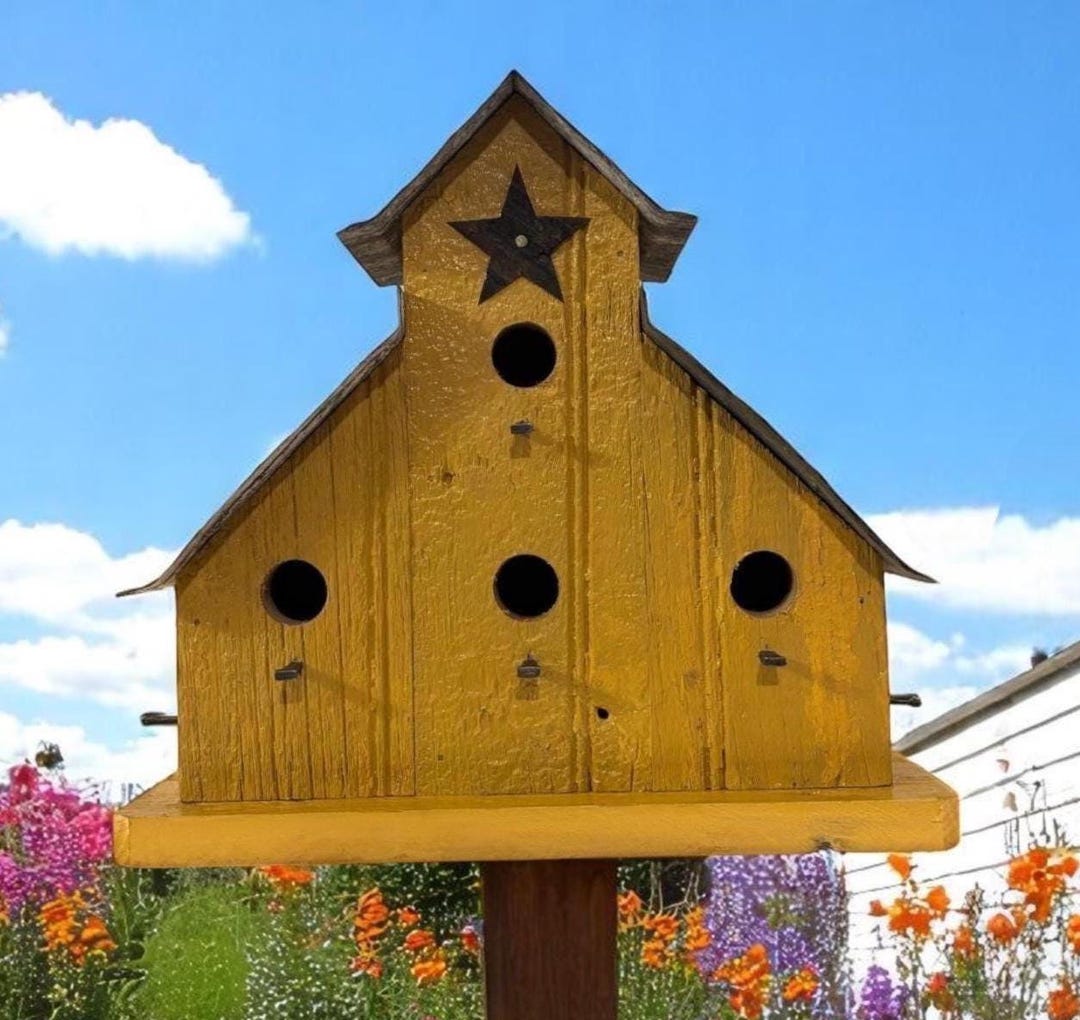 Handmade Rustic Yellow Barn Wood Birdhouse, 4-room Wren House ...