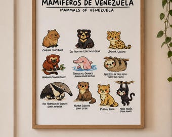 Mammals of Venezuela Bilingual Poster | Spanish English Educational Print | Bilingual Nursery | Kids Room Decor | Instant Download
