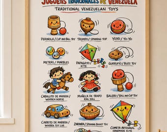 Traditional Venezuelan Toys Bilingual Poster | Spanish English Educational Print | Bilingual Nursery | Kids Room Decor | Instant Download