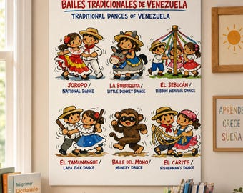 Traditional Venezuelan Dances Bilingual Poster | Spanish English Educational Print | Bilingual Nursery | Kids Room Decor | Instant Download