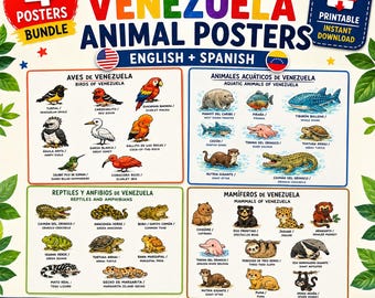 Venezuela Wildlife Bilingual Poster Bundle | 4 Educational Prints Spanish English | Bilingual Nursery | Kids Room Decor | Instant Download