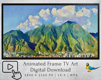 Animated Frame TV Art El Avila Caracas | Living Oil Painting Digital Download | Venezuela Macaws Samsung Frame TV Wall Art