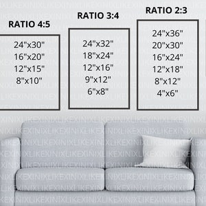 Puede incluir: Una pared blanca con cuatro marcos negros que muestran diferentes proporciones para obras de arte. Los marcos est&aacute;n etiquetados como "Ratio 4:5", "Ratio 3:4", "Ratio 2:3" y "Ratio 1:1". Cada marco enumera diferentes opciones de tama&ntilde;o en pulgadas. La pared est&aacute; detr&aacute;s de un sof&aacute; gris con un coj&iacute;n blanco.