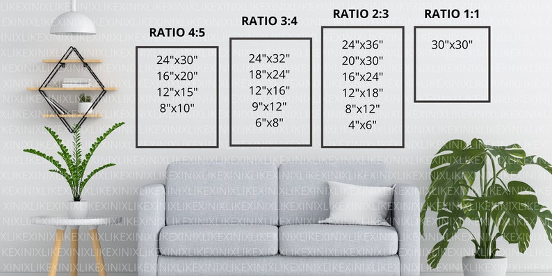 Puede incluir: Una pared blanca con cuatro marcos negros que muestran diferentes proporciones para obras de arte. Los marcos est&aacute;n etiquetados como "Ratio 4:5", "Ratio 3:4", "Ratio 2:3" y "Ratio 1:1". Cada marco enumera diferentes opciones de tama&ntilde;o en pulgadas. La pared est&aacute; detr&aacute;s de un sof&aacute; gris con un coj&iacute;n blanco.