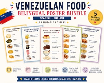 Venezuelan Food Bilingual Poster Bundle | 5 Educational Prints Spanish English | Bilingual Nursery | Kids Room Decor | Instant Download