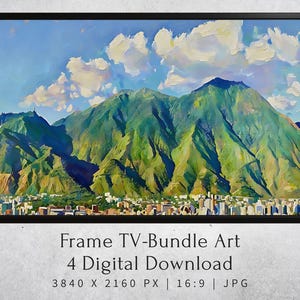 Puede incluir: Impresión artística digital enmarcada que representa una cordillera con laderas verdes y una ciudad en la base. El cielo es azul con nubes blancas. La obra se titula "Frame TV-Bundle Art" y "4 Digital Download".