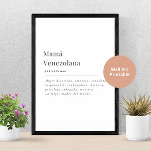 Puede incluir: Un dise&ntilde;o de arte de pared imprimible con un gr&aacute;fico de texto en blanco y negro con las palabras "Mam&aacute; Venezolana" en negrita. El texto est&aacute; en espa&ntilde;ol y se traduce como "Mam&aacute; Venezolana". El texto est&aacute; acompa&ntilde;ado de una descripci&oacute;n de una madre venezolana en espa&ntilde;ol.