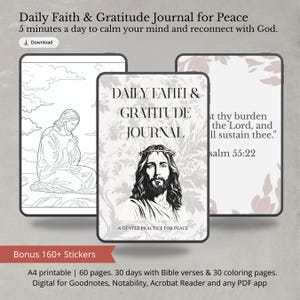 Puede incluir: Diario digital de fe y gratitud para la paz, con una ilustración en blanco y negro de Jesús. El diario incluye versículos bíblicos, páginas para colorear y pegatinas. El texto dice "Daily Faith & Gratitude Journal" y "A Gentle Practice for Peace".