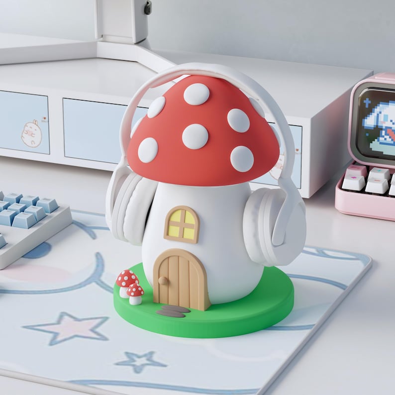 Fantasy mushroom headphone stand cute gaming desk accessory custom color headset holder cottagecore decor gift for gamers cozy setup image 1