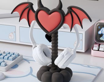 Cute headphone stand gaming headset holder with devil aesthetic, heart and wings decor – customizable colors, perfect gift for girl gameR