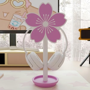 Niedlicher Kopfhörerständer Geschenk für Tochter gemütliches Schreibtischdekor Spielzimmer Sakura-Headsethalter benutzerdefinierte Farbe ästhetisches Blumenkopfhörerzubehör