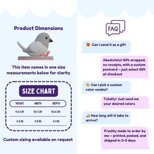 May include: A product information graphic with a 3D bird illustration. The size chart shows dimensions in both inches and centimeters: height 4.5 in (11.4 cm), width 5.9 in (15.1 cm), and depth 6.1 in (15.4 cm). FAQ answers are also included.