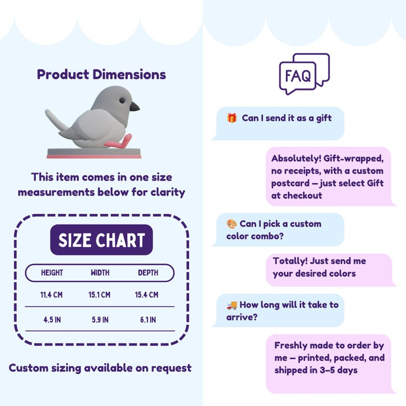 May include: A product information graphic with a 3D bird illustration. The size chart shows dimensions in both inches and centimeters: height 4.5 in (11.4 cm), width 5.9 in (15.1 cm), and depth 6.1 in (15.4 cm). FAQ answers are also included.