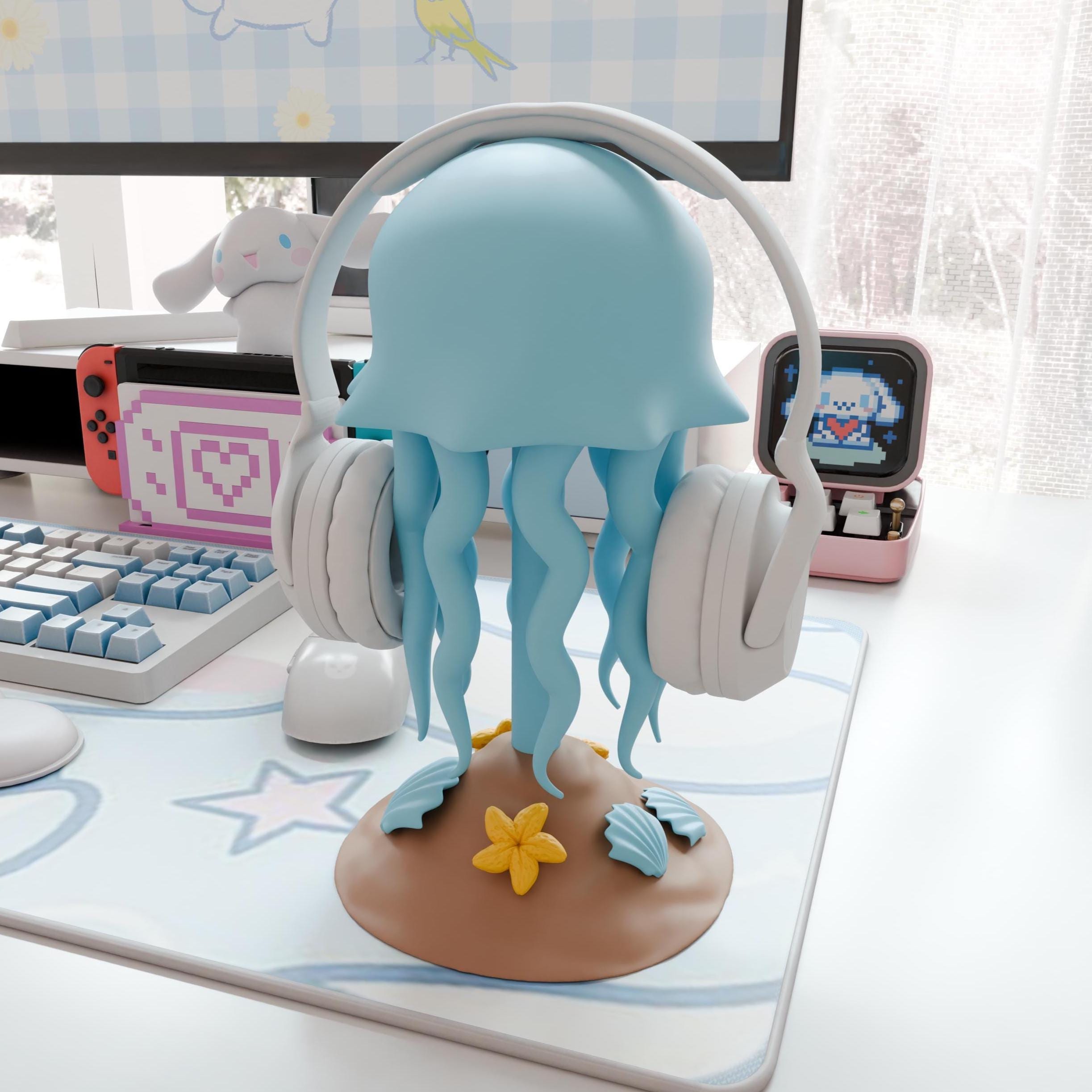 Lindo soporte para auriculares de medusa, regalo, sala de juegos con temática marina, decoración estética de escritorio, decoración acogedora de color personalizado, decoración de configuración kawaii