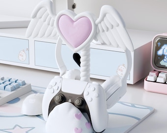 Angel Heart Headphone and controller Stand, Cute Gamer Desk Decor, Aesthetic Gaming Setup Accessory, Custom Color Headset Holder