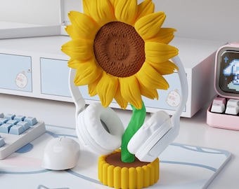 Hoofdtelefoonstandaard zonnebloem | esthetische bureauinrichting | headset-display met bloemen |ps5| hoofdtelefoonhouder