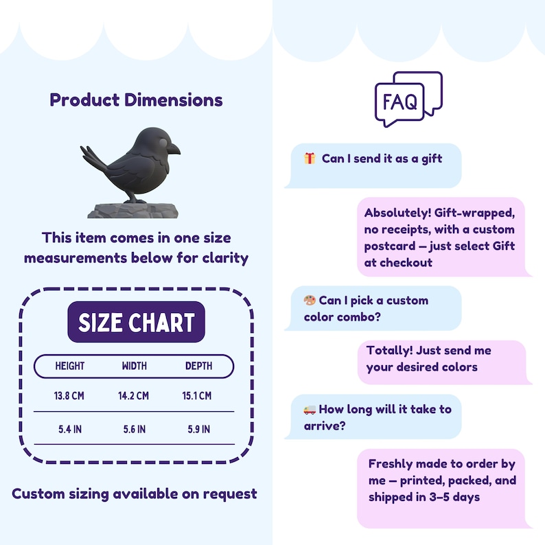 May include: A black bird figurine on a rocky base with a size chart displaying dimensions of 13.8 cm height, 14.2 cm width, and 15.1 cm depth, which are also listed as 5.4 inches, 5.6 inches, and 5.9 inches. The image includes FAQ text about gifts.