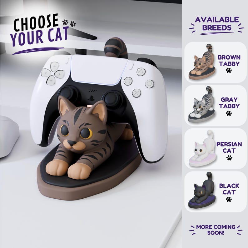 May include: A brown tabby cat-shaped controller stand holding a white and black game controller. The text CHOOSE YOUR CAT appears at the top, with a sidebar showing available breeds: Brown Tabby, Gray Tabby, Persian Cat, and Black Cat.