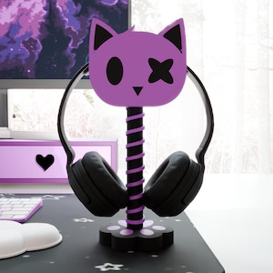 Cute headphone stand , soft goth desk decor, cozy cat headset stand , gift for gamer girl ,custom color kitty puppet ,desk accessory