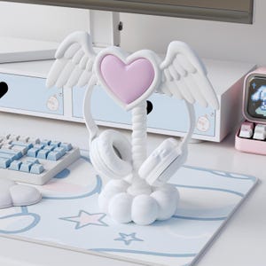 Hoofdtelefoonstandaard Angel Wing, schattig hart gaminghouder, bureaudecor in aangepaste kleur, handgemaakt esthetisch display, uniek cadeau voor gezellige gamers