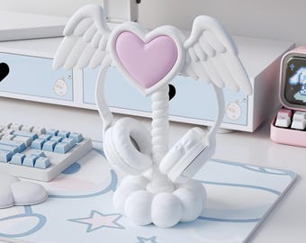 天使の羽のヘッドホンスタンド、かわいいハート型のゲーミングホルダー、カスタムカラーのデスクデコレーション、手作りの美しいディスプレイ、居心地の良いゲーマーへのユニークなギフト